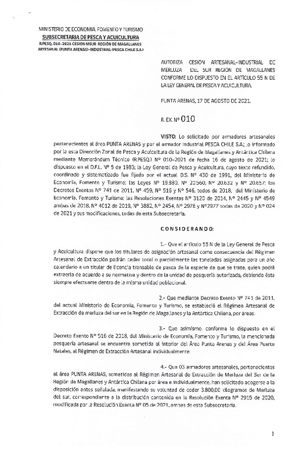 Res. Ex. N° 010-2021 (DZP Región de Magallanes) Autoriza cesión Merluza del Sur. (Publicado en Página Web 17-08-2021)