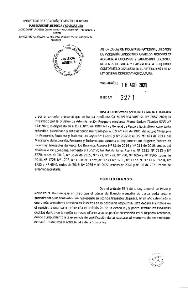 Res. Ex. N° 2271-2021 Autoriza cesión Langostino Amarillo Regiones de Atacama a Coquimbo y Langostino Colorado Regiones de Arica y Parinacota a Coquimbo. (Publicado en Página Web 17-08-2021)