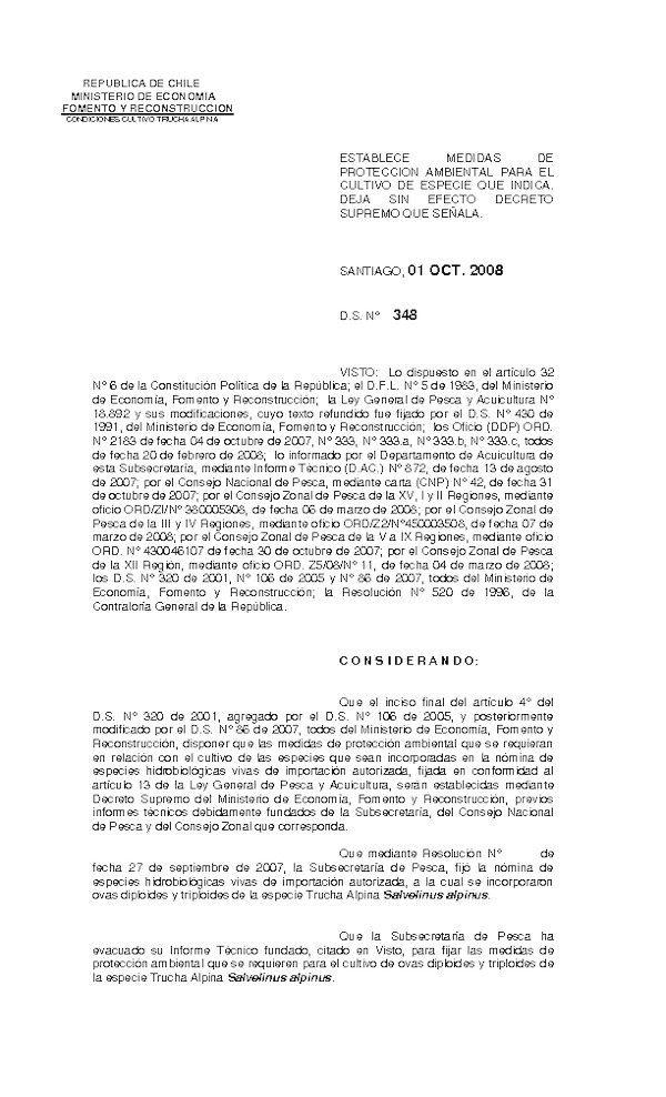 D.S. Nº 348-2008 Establece Medidas de Protección Ambiental para el Cultivo de Especie Trucha Alpina. (Actualizado D.S. Nº 294-2009)