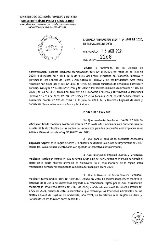 Res. Ex. N° 2268-2021 Modifica Res. Ex. N° 2763-2020 Establece Distribución de las Fracciones Artesanales de Anchoveta y Sardina Española Zona Norte, Por Región, Año 2021. (Publicado en Página Web 17-08-2021)