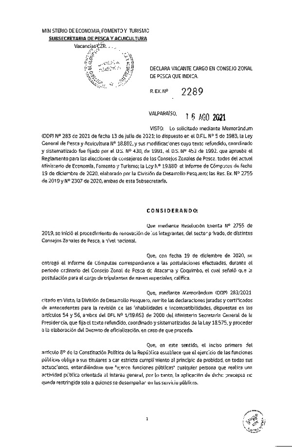 Res. Ex. N° 2289-2021 Declara Vacante Cargo en Consejo Zonal de Pesca de las Regiones de Atacama y Coquimbo. (Publicado en Página Web 17-08-2021)