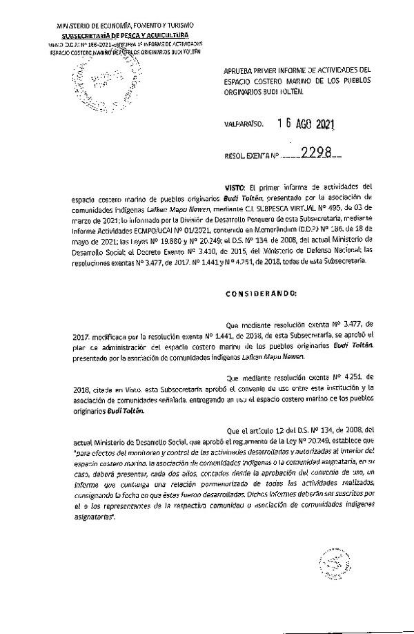 Res. Ex. N° 2298-2021 Aprueba primer informe de actividades del ECMPO Budi Toltén. (Publicado en Página Web 17-08-2021)