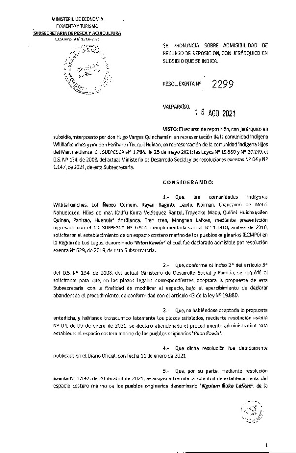 Res. Ex. N° 2299-2021 Se pronuncia sobre admisibilidad de recurso de reposición, con jerárquico en subsidio que se indica. (Publicado en Página Web 17-08-2021)