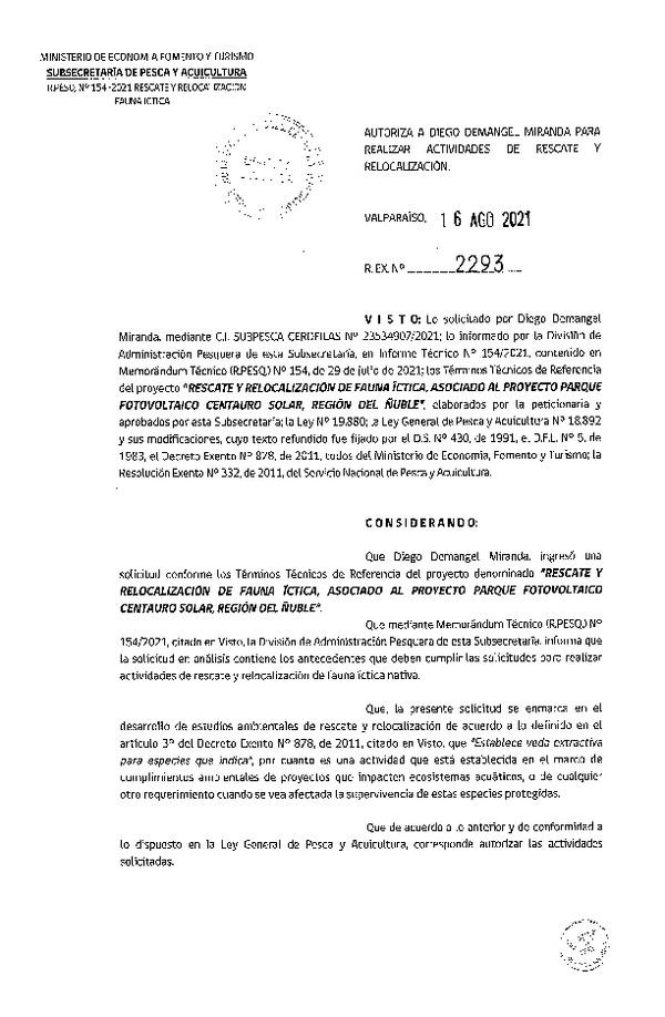 Res. Ex. N° 2293-2021 Rescate y Relocalización de Fauna Íctitca, Región del Ñuble. (Publicado en Página Web 18-08-2021).