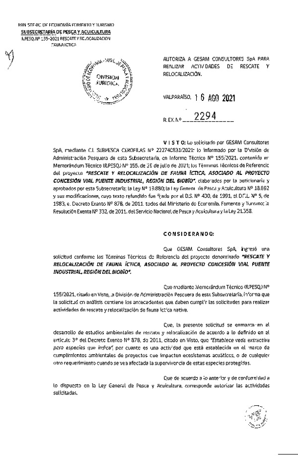 Res. Ex. N° 2294-2021 Rescate y Relocalización de Fauna Íctitca, Región del Ñuble. (Publicado en Página Web 18-08-2021).