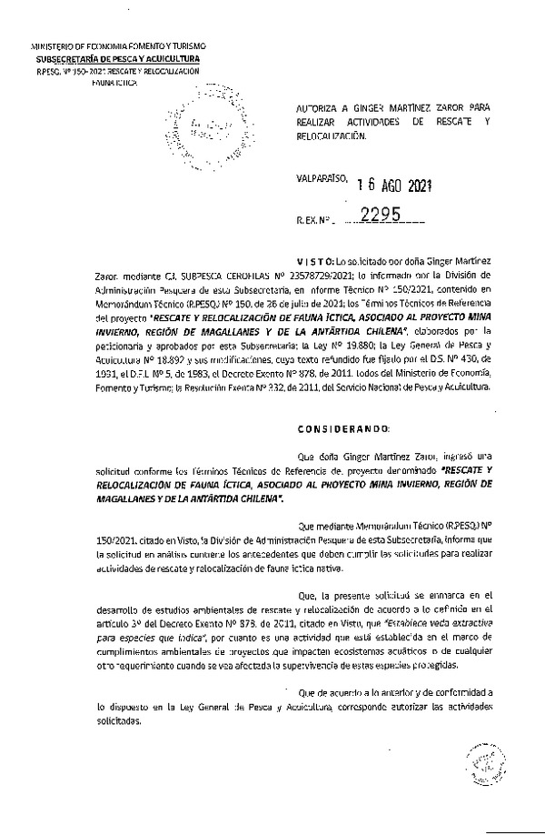 Res. Ex. N° 2295-2021 Rescate y Relocalización de Fauna Íctitca, Región del Ñuble. (Publicado en Página Web 18-08-2021).