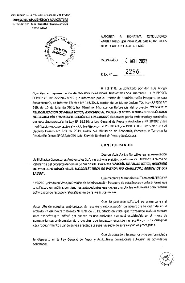 Res. Ex. N° 2296-2021 Rescate y Relocalización de Fauna Íctitca, Región de Los Lagos. (Publicado en Página Web 18-08-2021).