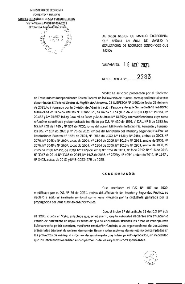 Res. Ex. N° 2283-2021 Autoriza acción de manejo manejo excepcional que señala. (Publicado en Página Web 18-08-2021)