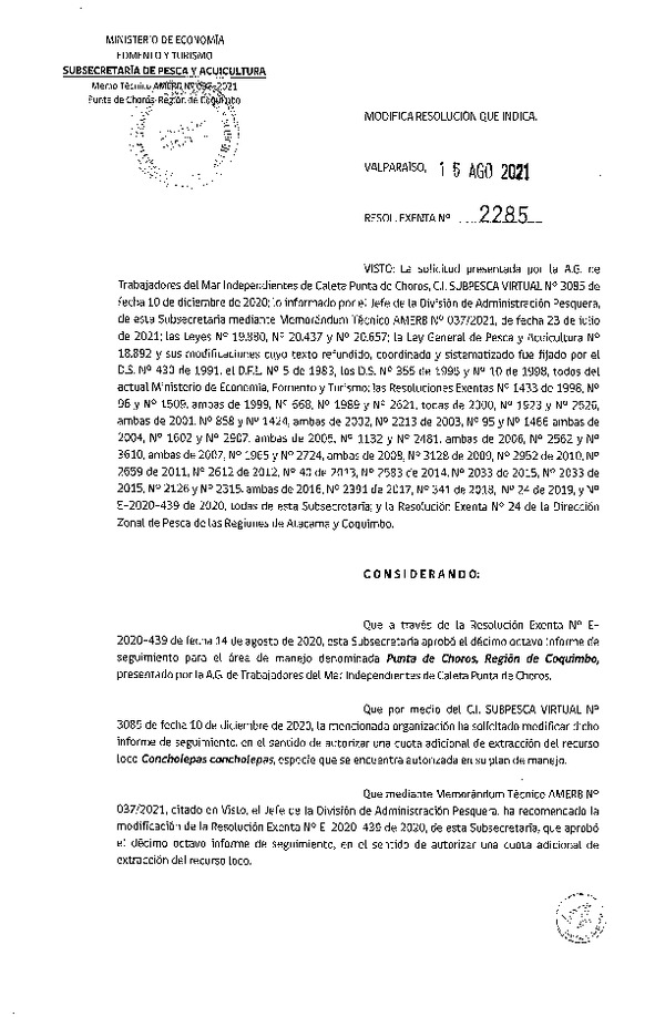 Res. Ex. N° 2285-2021 Modifica resolución que indica. (Publicado en Página Web 18-08-2021)
