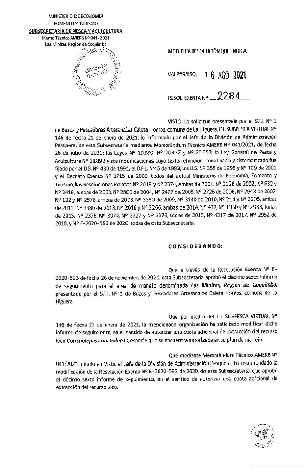 Res. Ex. N° 2284-2021 Modifica resolución que indica. (Publicado en Página Web 18-08-2021)