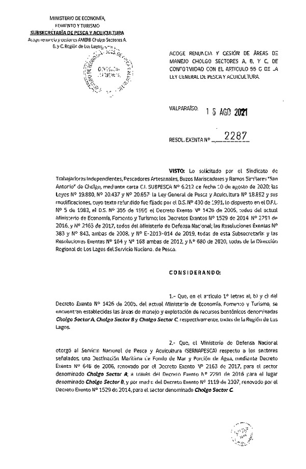 Res. Ex. N° 2287-2021 Acoge renuncia y cesión de áreas de manejo Cholgo Sectores A, B, y C. (Publicado en Página Web 18-08-2021)