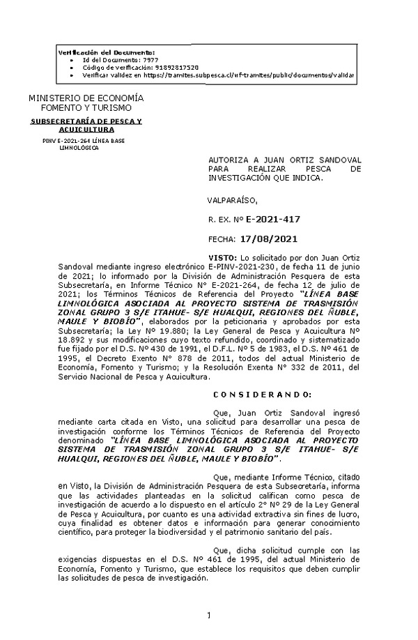 R. EX. Nº E-2021-417 LÍNEA BASE LIMNOLÓGICA ASOCIADA AL PROYECTO SISTEMA DE TRASMISIÓN ZONAL GRUPO 3 S/E ITAHUE- S/E HUALQUI, REGIONES DEL ÑUBLE, MAULE Y BIOBÍO. (Publicado en Página Web 18-08-2021)