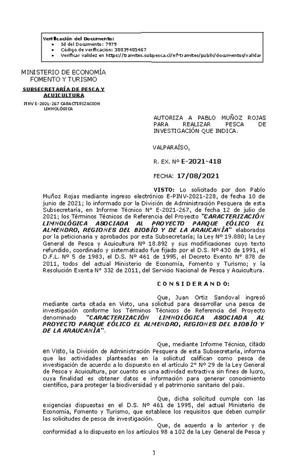 R. EX. Nº E-2021-418 CARACTERIZACIÓN LIMNOLÓGICA ASOCIADA AL PROYECTO PARQUE EÓLICO EL ALMENDRO, REGIONES DEL BIOBÍO Y DE LA ARAUCANÍA. (Publicado en Página Web 18-08-2021)