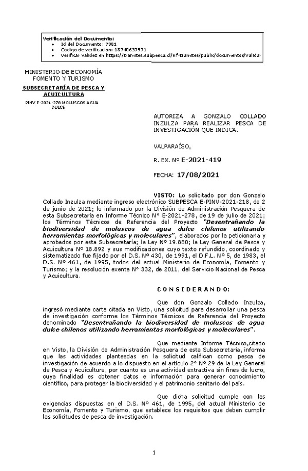 R. EX. Nº E-2021-419 Desentrañando la biodiversidad de moluscos de agua dulce chilenos utilizando herramientas morfológicas y moleculares. (Publicado en Página Web 18-08-2021)