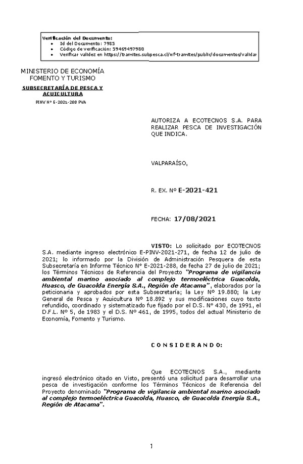 R. EX. Nº E-2021-421 Programa de vigilancia ambiental marino asociado al complejo termoeléctrica Guacolda, Huasco, de Guacolda Energía S.A., Región de Atacama. (Publicado en Página Web 18-08-2021)