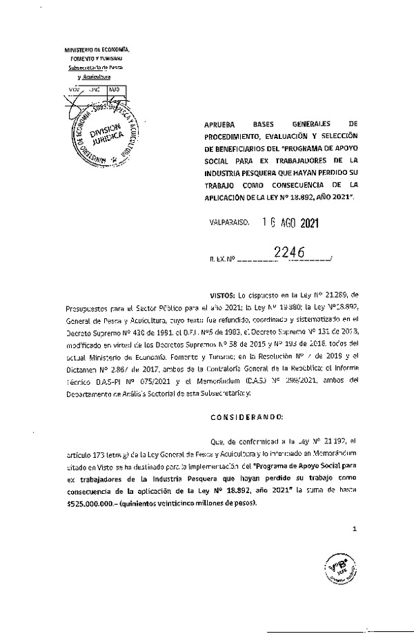 Res. Ex. N° 2246-2021 Aprueba Bases Generales de Procedimiento, Evaluación y Selección de Beneficiarios de Programa que Indica. (Publicado en Página Web 18-08-2021)