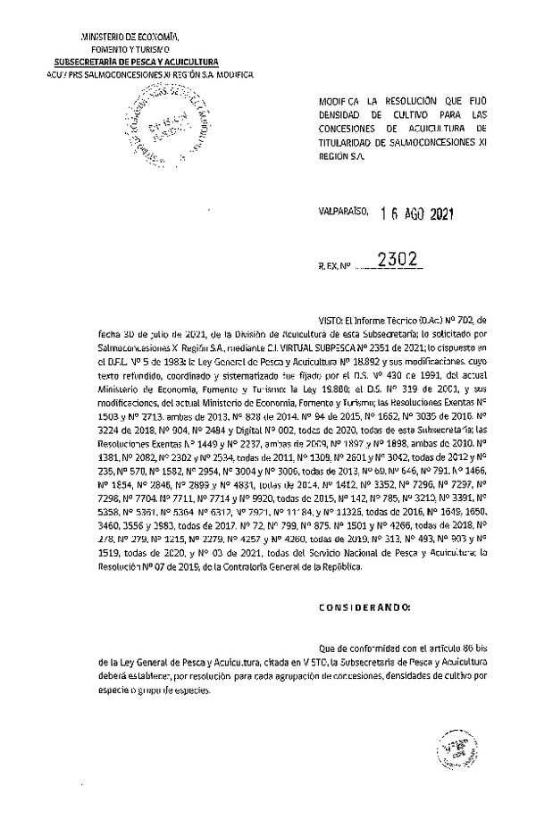 Res. Ex. N° 2302-2021 Modifica Res. Ex N° DIG 002-2020, Fija densidad de cultivo para las concesiones de acuicultura de titularidad de Salmoconcesiones S.A., Aprueba programa de manejo que indica. (Publicado en Página Web 18-08-2021).