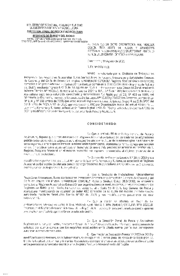 Res. Ex. N° 099-2021 (DZP Ñuble y del Biobío) Autoriza cesión Merluza Común. (Publicado en Página Web 18-08-2021)
