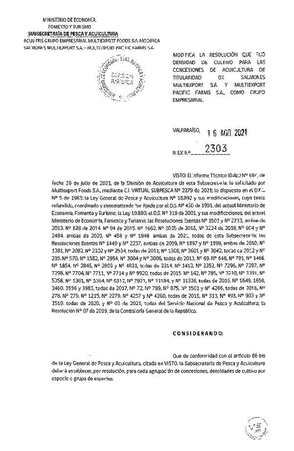 Res. Ex. N° 2303-2021 Modifica Res. Ex N° 458-2021 Fija densidad de cultivo para las concesiones de acuicultura de titularidad de Salmones Multiexport S.A. y Multiexport Pacific Farms S.A., como grupo empresarial. (Con Informe Técnico) (Publicado en Página Web 18-08-2021).