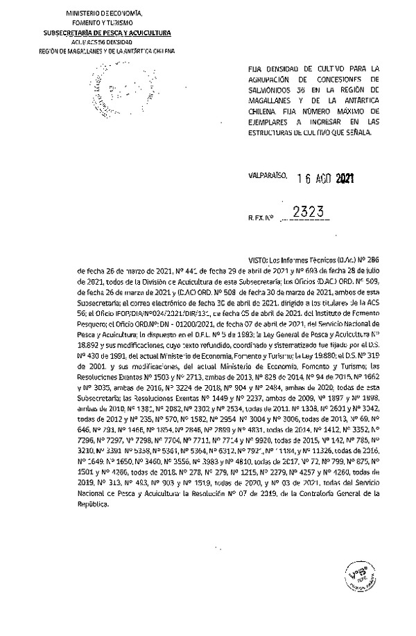 Res. Ex. N° 2323-2021 Fija densidad de cultivo para la agrupación de concesiones de salmónidos 56 en la Región de Magallanes y de La Antartica Chilena. (Con Informe Técnico) (Publicado en Página Web 18-08-2021).