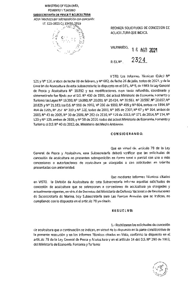 Res. Ex. N° 2324-2021 Rechaza solicitudes de concesión de acuicultura que indica.