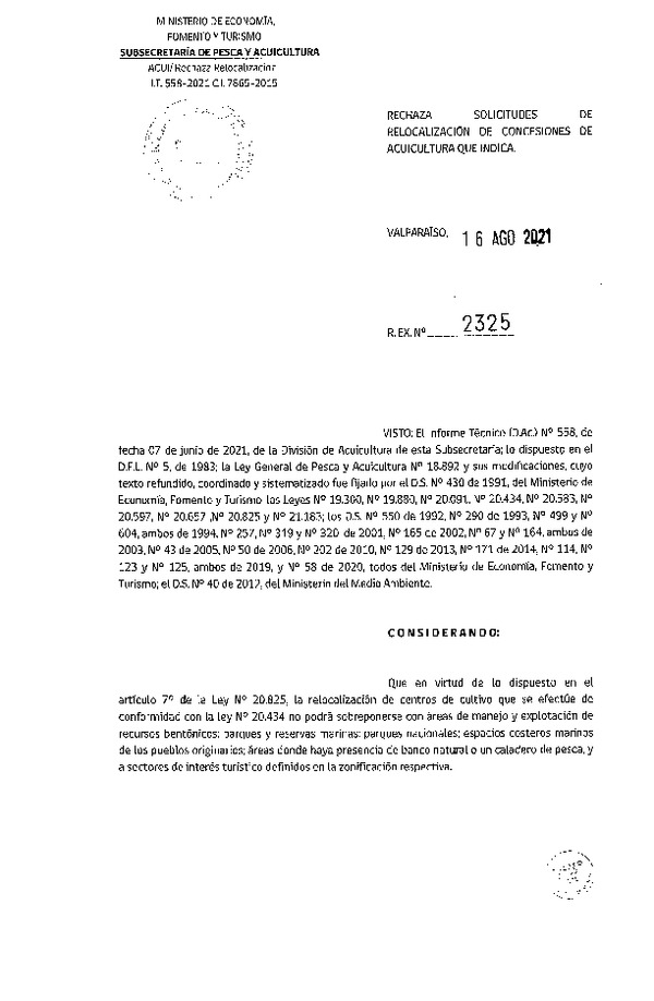 Res. Ex. N° 2325-2021 Rechaza solicitudes de relocalización de concesiones de acuicultura que indica.