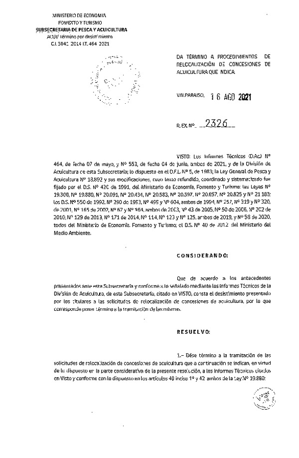 Res. Ex. N° 2326-2021 Da término a procedimientos de relocalización de concesiones de acuicultura que indica.