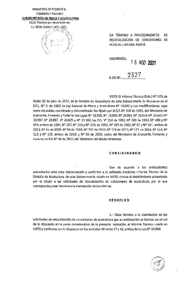 Res. Ex. N° 2327-2021 Da término a procedimientos de relocalización de concesiones de acuicultura que indica.