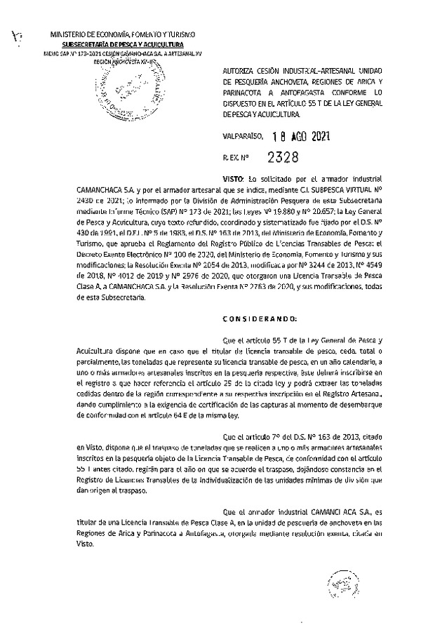 Res. Ex. N° 2328-2021 Autoriza Cesión Anchoveta, Regiones de Arica y Parinacota a Región de Antofagasta. (Publicado en Página Web 19-08-2021)