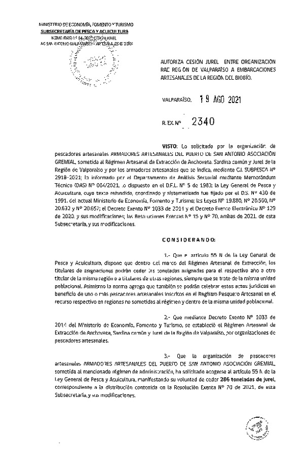 Res. Ex. N° 2340-2021 Autoriza cesión Jurel Región de Valparaíso a Región del Biobío. (Publicado en Página Web 19-08-2021)