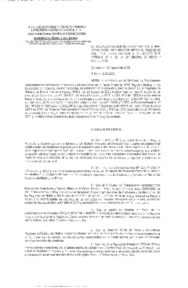 Res. Ex. N° 100-2021 (DZP Ñuble y del Biobío) Autoriza cesión Sardina Común y Anchoveta Región de Ñuble-Biobío (Publicado en Página Web 20-08-2021)