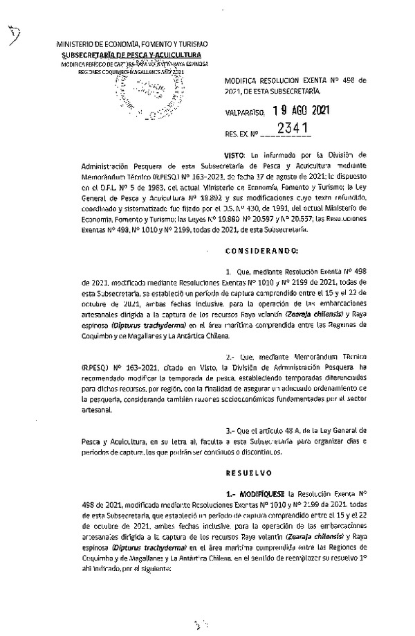 Res. Ex. N° 2341-2021 Modifica Res. Ex. N° 498-2021 que Estableció Periodo de Captura para raya Volantín y Raya Espinosa, Año 2021. (Publicado en Página Web 20-08-2021)