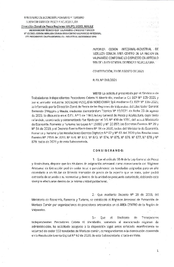 Res. Ex. N° 018-2021 (DZP Regiones Valparaíso, O'Higgins y del Maule) Autoriza cesión Merluza común, Región de Valparaíso. (Publicado en Página Web 23-08-2021)