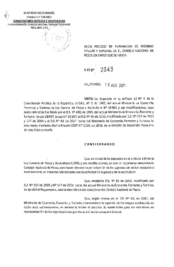 Res. Ex. N° 2343-2021 Inicia Proceso de Nominación de los Miembros Titulares y Suplentes en el Consejo Nacional de Pesca, en Cargos que se Indican. (Publicado en Página Web 23-08-2021)