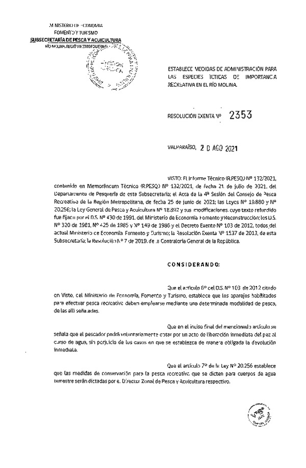 Res. Ex. N° 2353-2021 Establece Medidas de Administración para las Especies Ícticas de Importancia Recreativa Río Molina, Región Metropolitana. (Publicado en Página Web 23-08-2021)