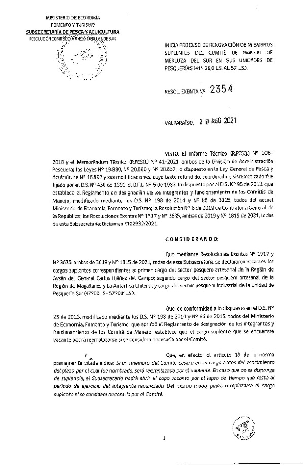 Res. Ex. N° 2354-2021 Inicia Proceso de Renovación de Miembros Suplentes del Comité de Manejo de Merluza del Sur en sus Unidades de Pesquería (41°28,6 L.S. al 57 L.S.). (Publicado en Página Web 23-08-2021)