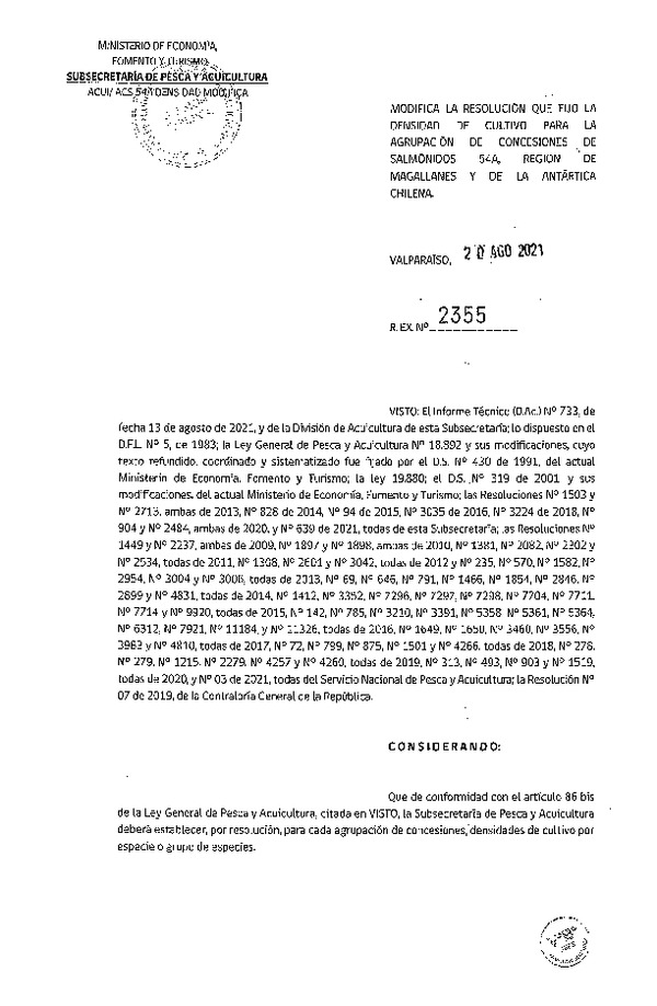 Res. Ex. N° 2355-2021 Modifica Res. Ex N° 639-2021 Fija densidad de cultivo para la agrupación de concesiones de Salmónidos 54A, Región de Magallanes y de La Antártica Chilena. (Con Informe Técnico) (Publicado en Página Web 24-08-2021)