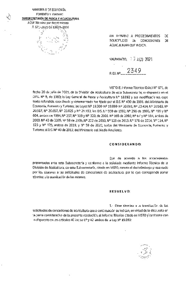 Res. Ex. N° 2349-2021 Da término a procedimientos de solicitudes de concesiones de acuicultura que indica.