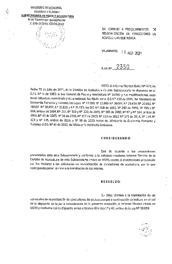 Res. Ex. N° 2350-2021 Da término a procedimientos de relocalización de concesiones de acuicultura que indica.