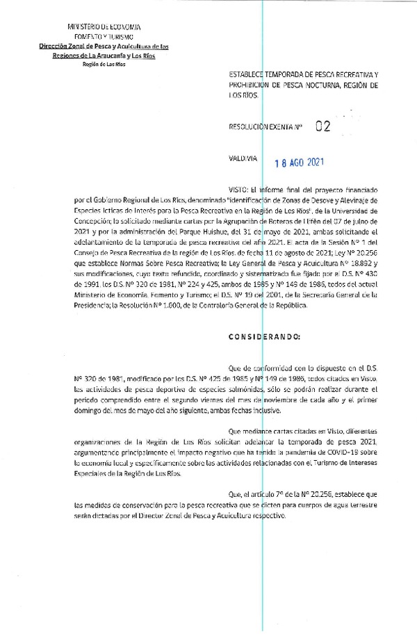 Res. Ex. N° 02-2021 (DZP La Araucanía y Los Ríos) Establece Temporada de Pesca Recreativa y Prohibición de Pesca Nocturna, Región de Los Ríos. (Publicado en Página Web 24-08-2021)