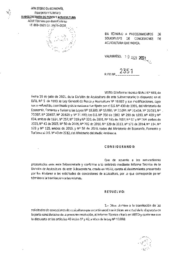 Res. Ex. N° 2351-2021 Da término a procedimientos de solicitudes de concesiones de acuicultura que indica.