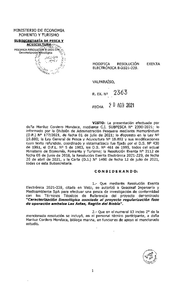 Res. Ex. N° 2363-2021 Modifica R. EX. Nº E-2021-229 Caracterización limnológica asociada al proyecto regularización fase de operación embalse Las Astas, Región del Biobío. (Publicado en Página Web 24-08-2021)