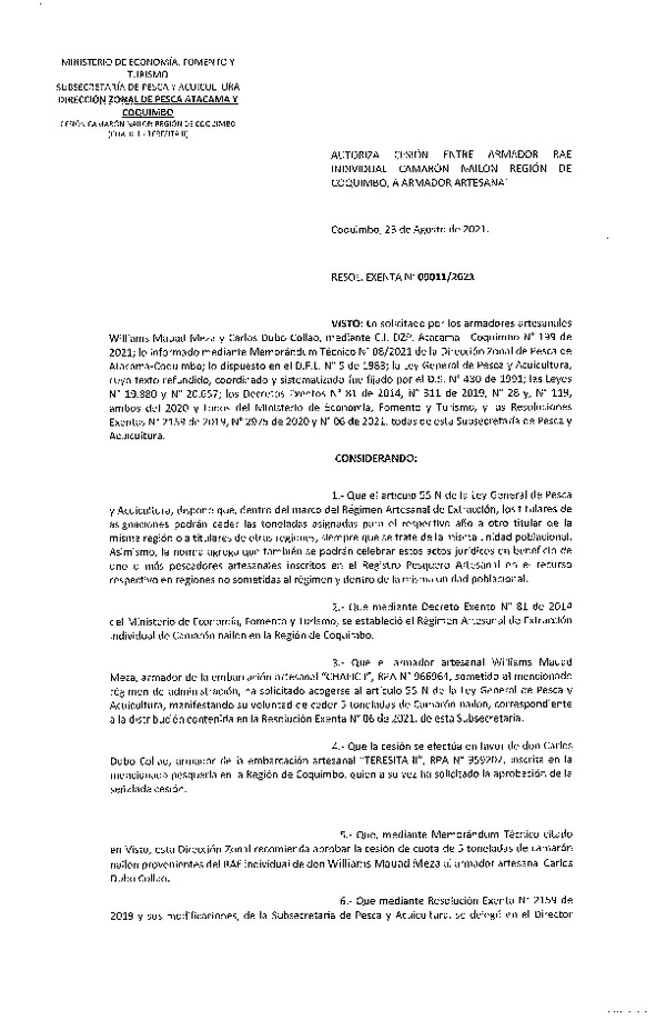Res. Ex. N° 0011-2021 (DZP Atacama y Coquimbo) Autoriza cesión Camarón nailon, Región de Coquimbo. (Publicado en Página Web 24-08-2021)
