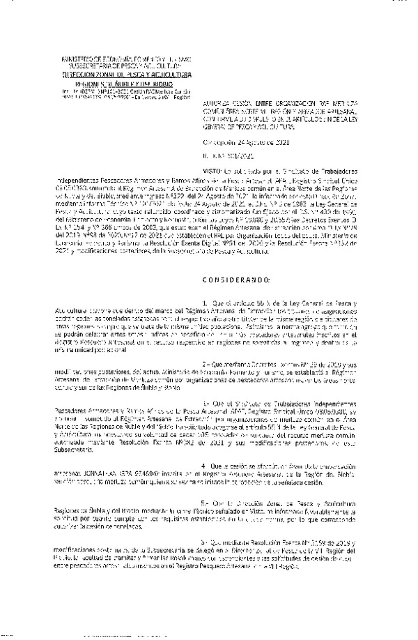 Res. Ex. N° 101-2021 (DZP Ñuble y del Biobío) Autoriza cesión Merluza Común. (Publicado en Página Web 24-08-2021)