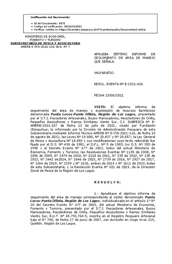 RESOL. EXENTA Nº E-2021-426 Aprueba 7° Seguimiento. (Publicado en Página Web 24-08-2021)