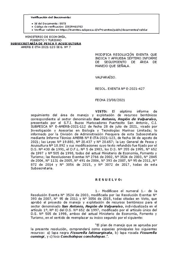 RESOL. EXENTA Nº E-2021-427 Modifica resolución que indica, Aprueba 7° Seguimiento. (Publicado en Página Web 24-08-2021)