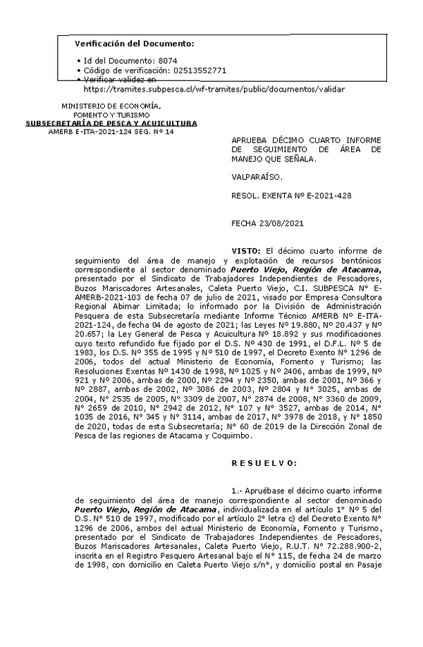 RESOL. EXENTA Nº E-2021-428 Aprueba 14° Seguimiento. (Publicado en Página Web 24-08-2021)