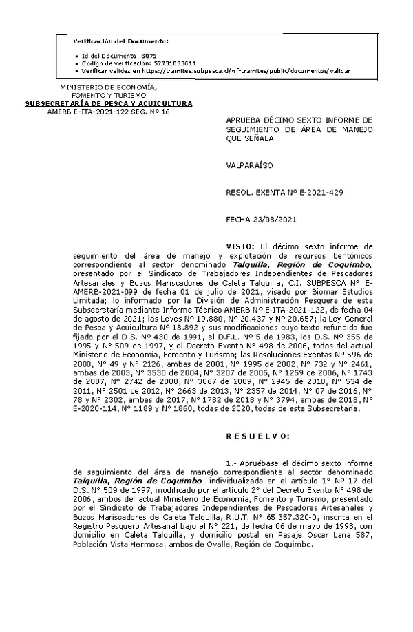 RESOL. EXENTA Nº E-2021-429 Aprueba 16° Seguimiento. (Publicado en Página Web 24-08-2021)