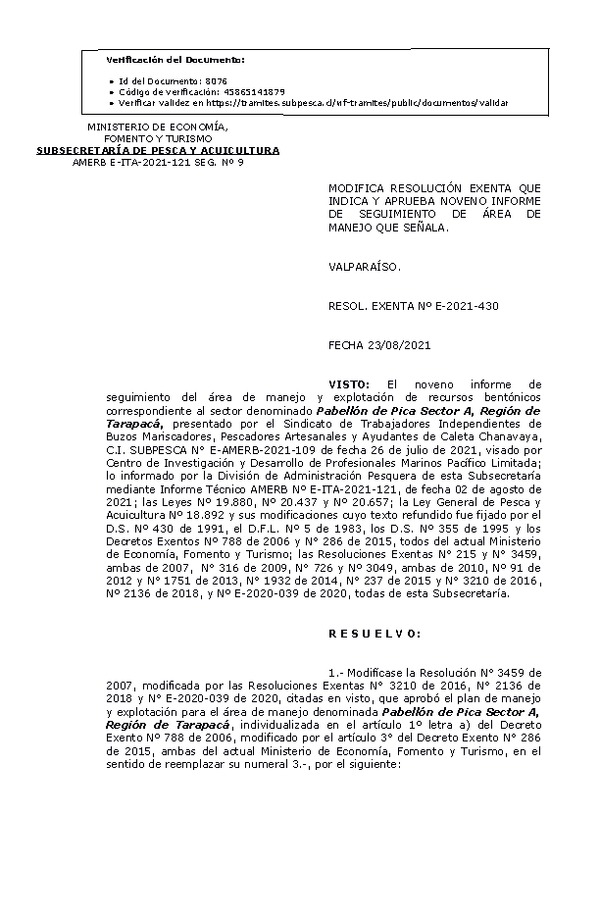 RESOL. EXENTA Nº E-2021-430 Modifica resolución que indica, Aprueba 9° Seguimiento. (Publicado en Página Web 24-08-2021)