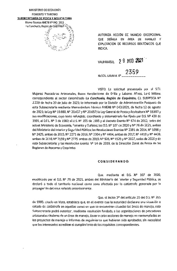 Res. Ex. N° 2359-2021 Autoriza acción de manejo excepcional que señala. (Publicado en página web 24-08-2021)